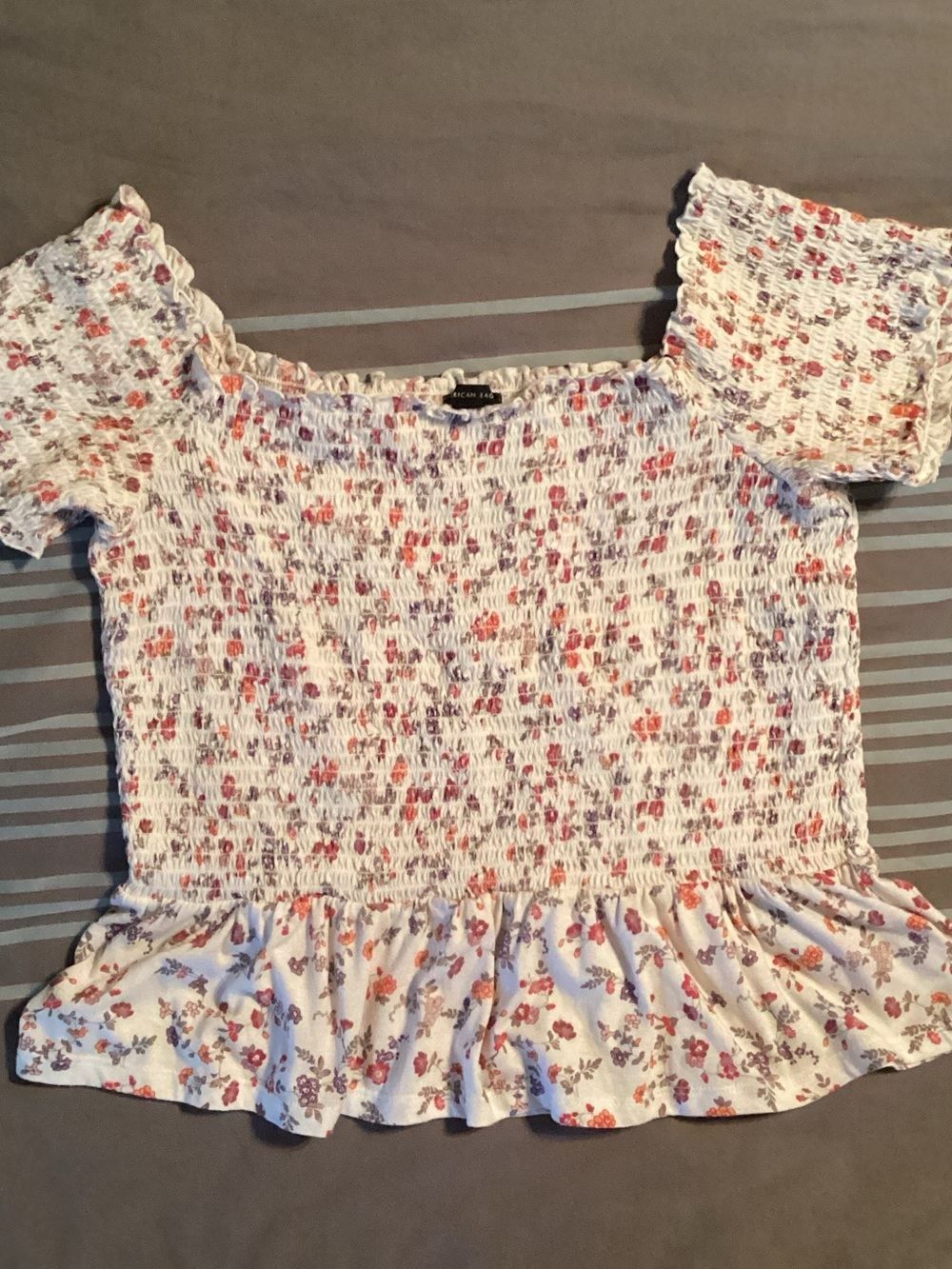 American Eagle White Smocked Floral Square-Neck Top